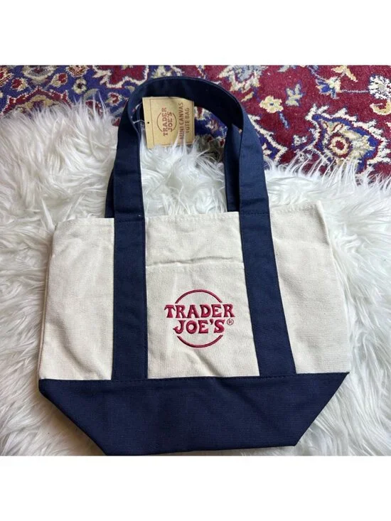 NWT Trader Joes Navy Blue Mini Canvas Tote Bag Reusable Ecofriendly Market 866 - Picture 2 of 9